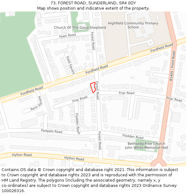 73, FOREST ROAD, SUNDERLAND, SR4 0DY: Location map and indicative extent of plot