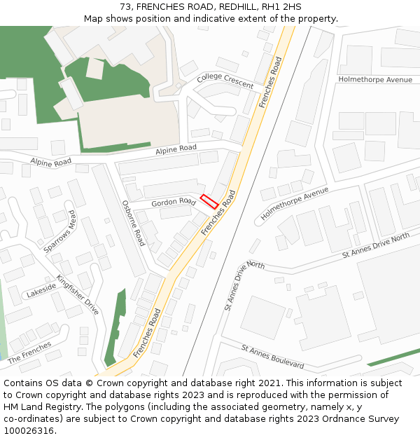 73, FRENCHES ROAD, REDHILL, RH1 2HS: Location map and indicative extent of plot