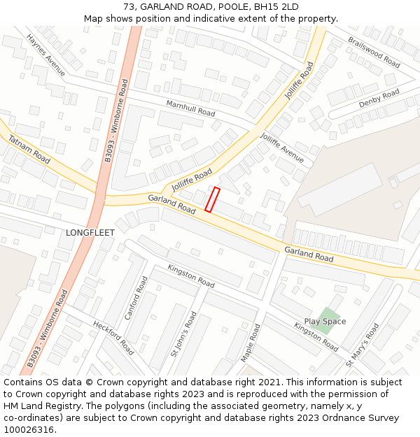 73, GARLAND ROAD, POOLE, BH15 2LD: Location map and indicative extent of plot