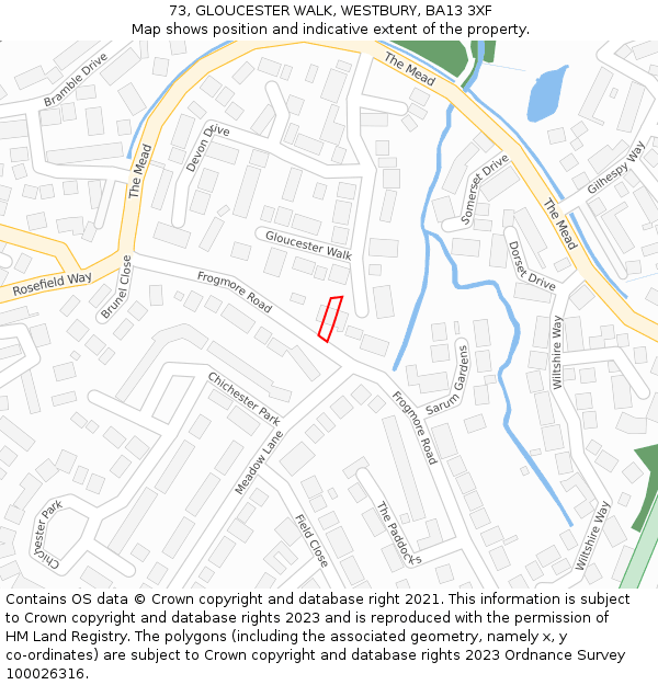 73, GLOUCESTER WALK, WESTBURY, BA13 3XF: Location map and indicative extent of plot