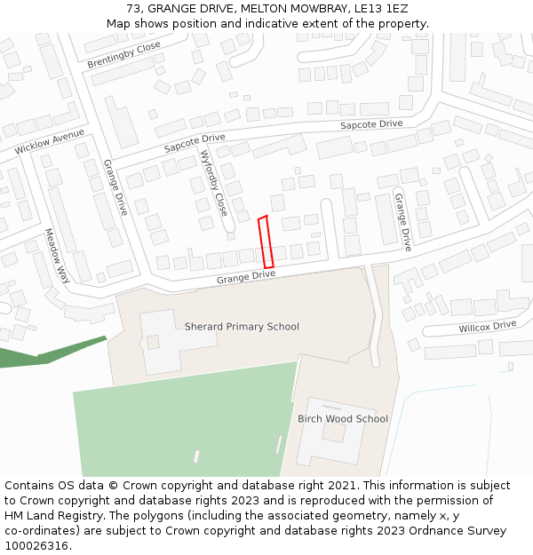 73, GRANGE DRIVE, MELTON MOWBRAY, LE13 1EZ: Location map and indicative extent of plot