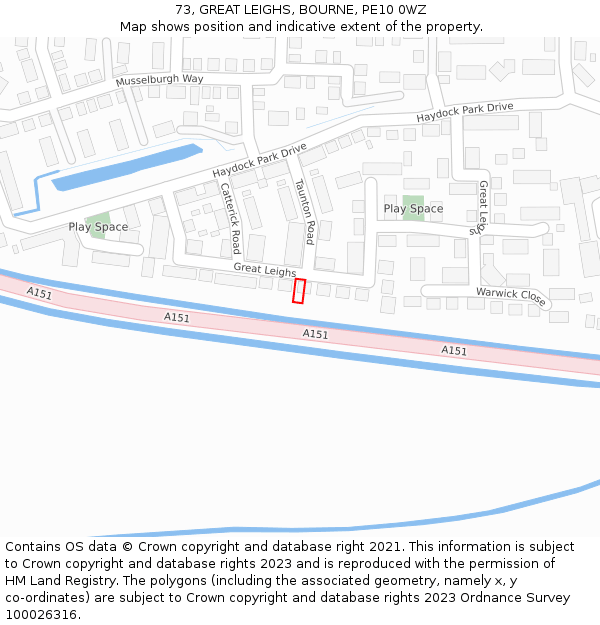 73, GREAT LEIGHS, BOURNE, PE10 0WZ: Location map and indicative extent of plot