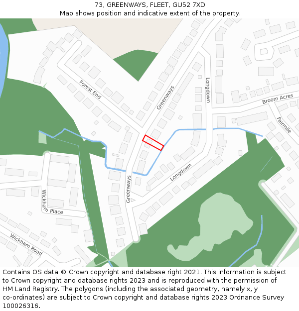 73, GREENWAYS, FLEET, GU52 7XD: Location map and indicative extent of plot