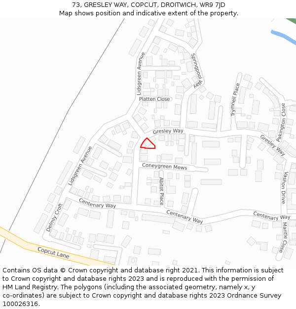73, GRESLEY WAY, COPCUT, DROITWICH, WR9 7JD: Location map and indicative extent of plot