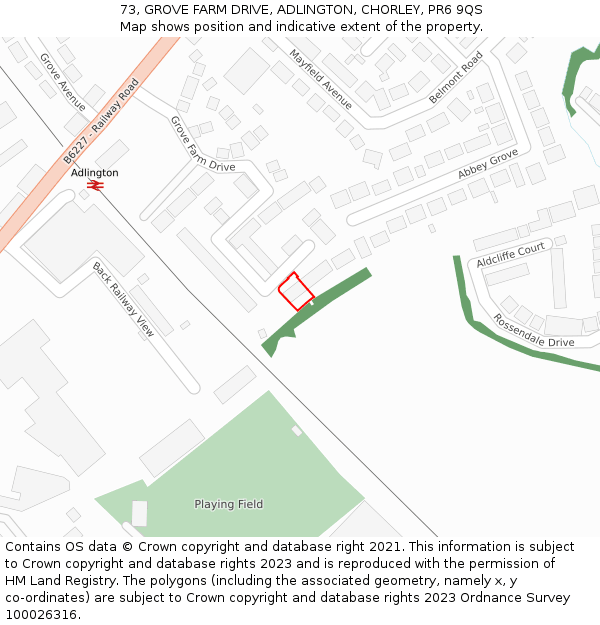 73, GROVE FARM DRIVE, ADLINGTON, CHORLEY, PR6 9QS: Location map and indicative extent of plot