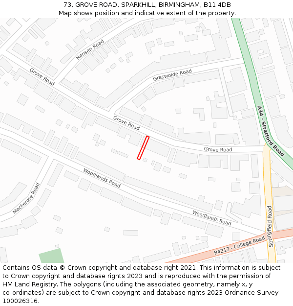 73, GROVE ROAD, SPARKHILL, BIRMINGHAM, B11 4DB: Location map and indicative extent of plot