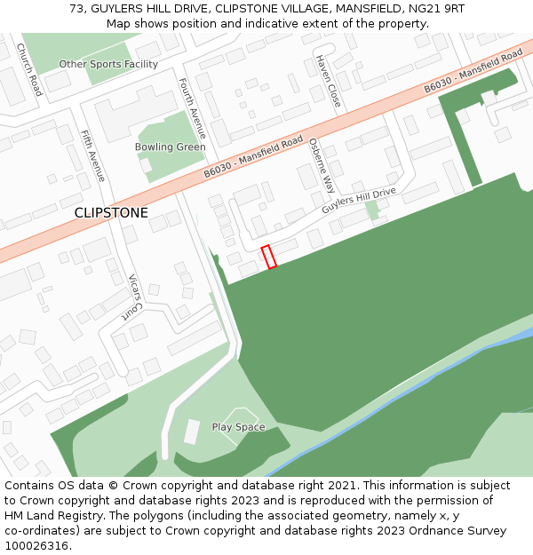 73, GUYLERS HILL DRIVE, CLIPSTONE VILLAGE, MANSFIELD, NG21 9RT: Location map and indicative extent of plot