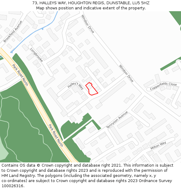 73, HALLEYS WAY, HOUGHTON REGIS, DUNSTABLE, LU5 5HZ: Location map and indicative extent of plot