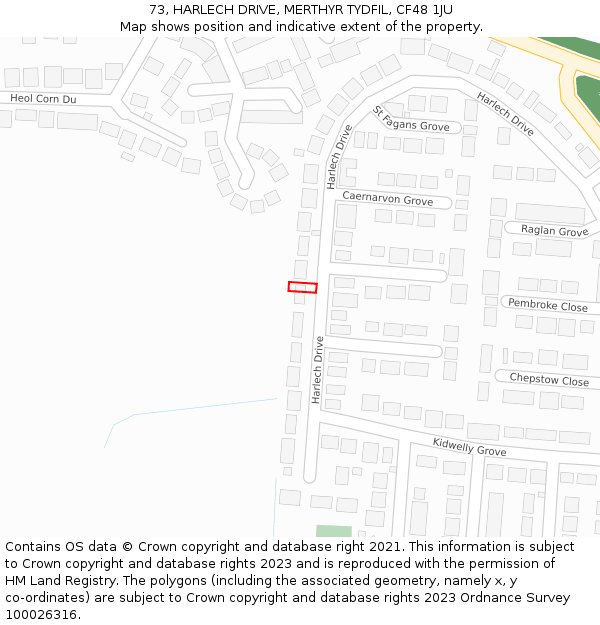 73, HARLECH DRIVE, MERTHYR TYDFIL, CF48 1JU: Location map and indicative extent of plot