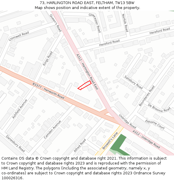 73, HARLINGTON ROAD EAST, FELTHAM, TW13 5BW: Location map and indicative extent of plot