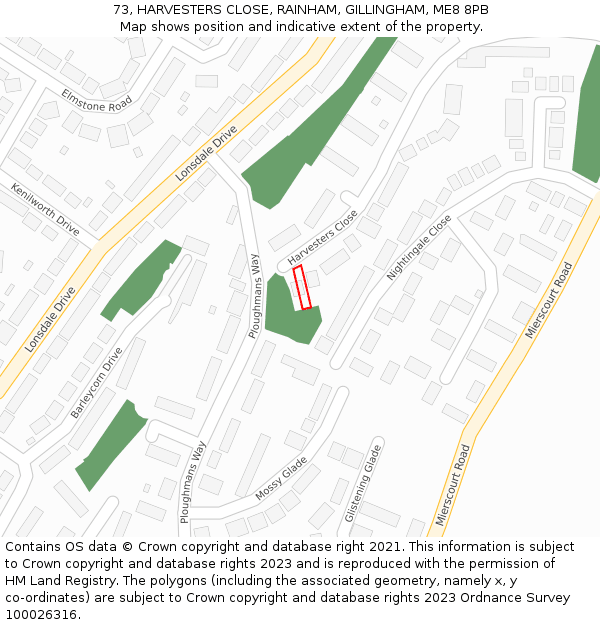 73, HARVESTERS CLOSE, RAINHAM, GILLINGHAM, ME8 8PB: Location map and indicative extent of plot