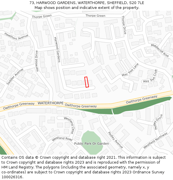 73, HARWOOD GARDENS, WATERTHORPE, SHEFFIELD, S20 7LE: Location map and indicative extent of plot