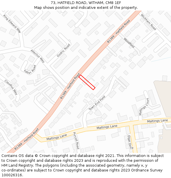 73, HATFIELD ROAD, WITHAM, CM8 1EF: Location map and indicative extent of plot