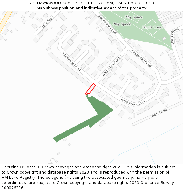 73, HAWKWOOD ROAD, SIBLE HEDINGHAM, HALSTEAD, CO9 3JR: Location map and indicative extent of plot