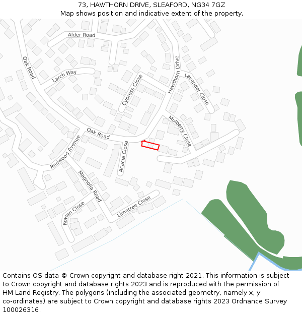 73, HAWTHORN DRIVE, SLEAFORD, NG34 7GZ: Location map and indicative extent of plot