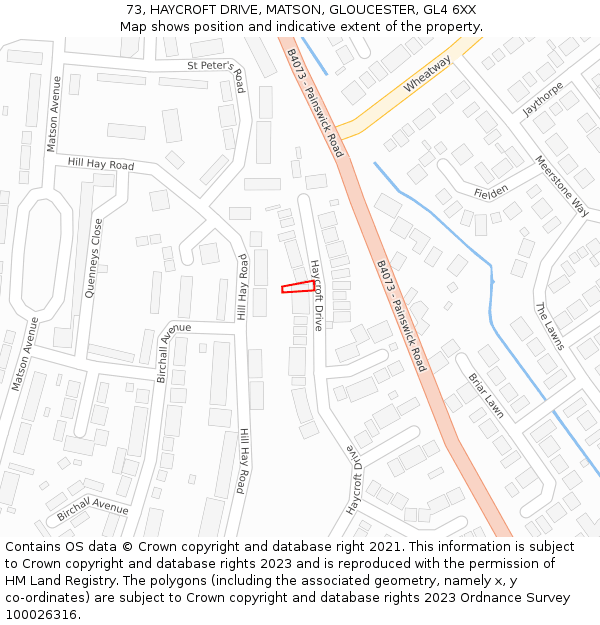 73, HAYCROFT DRIVE, MATSON, GLOUCESTER, GL4 6XX: Location map and indicative extent of plot