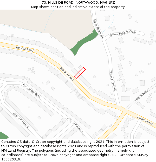 73, HILLSIDE ROAD, NORTHWOOD, HA6 1PZ: Location map and indicative extent of plot