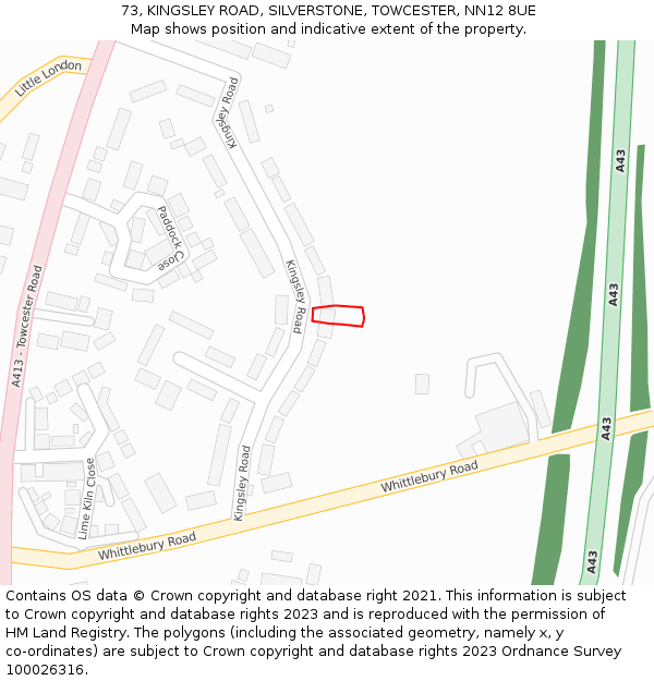 73, KINGSLEY ROAD, SILVERSTONE, TOWCESTER, NN12 8UE: Location map and indicative extent of plot