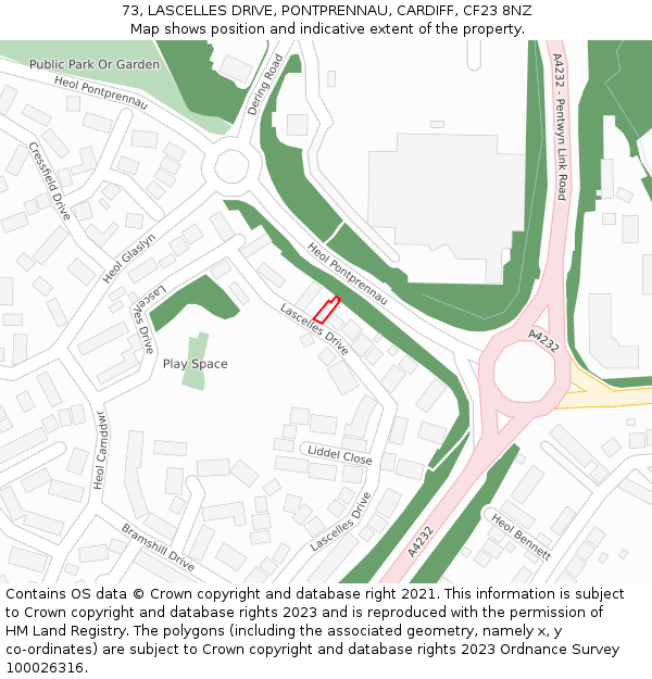 73, LASCELLES DRIVE, PONTPRENNAU, CARDIFF, CF23 8NZ: Location map and indicative extent of plot