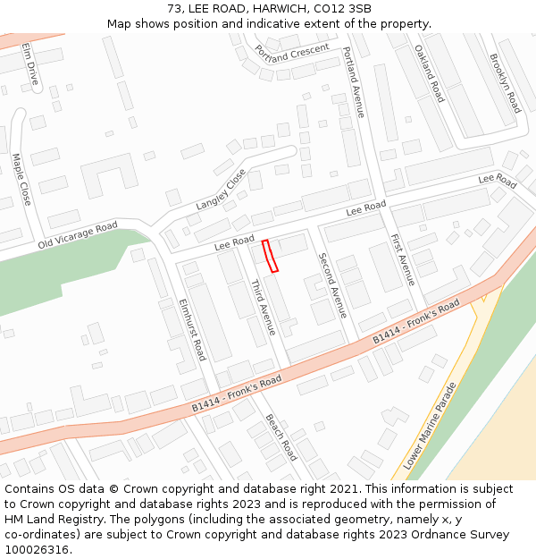 73, LEE ROAD, HARWICH, CO12 3SB: Location map and indicative extent of plot