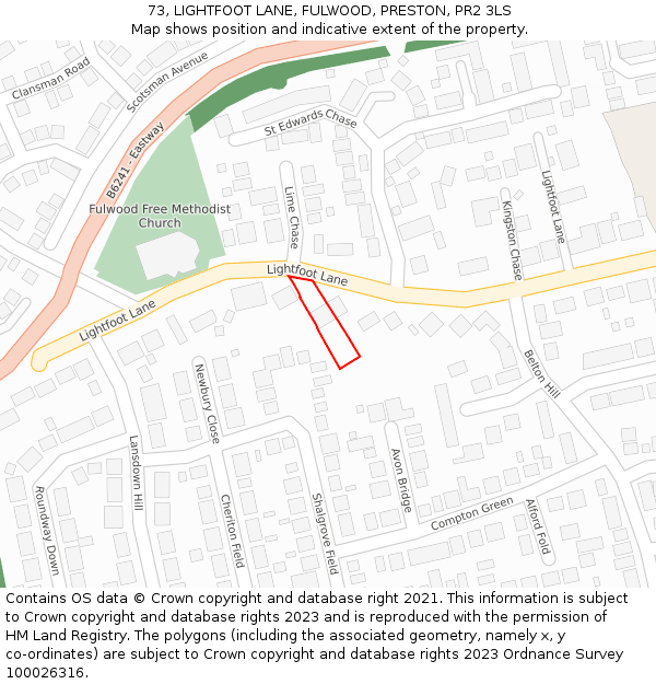 73, LIGHTFOOT LANE, FULWOOD, PRESTON, PR2 3LS: Location map and indicative extent of plot