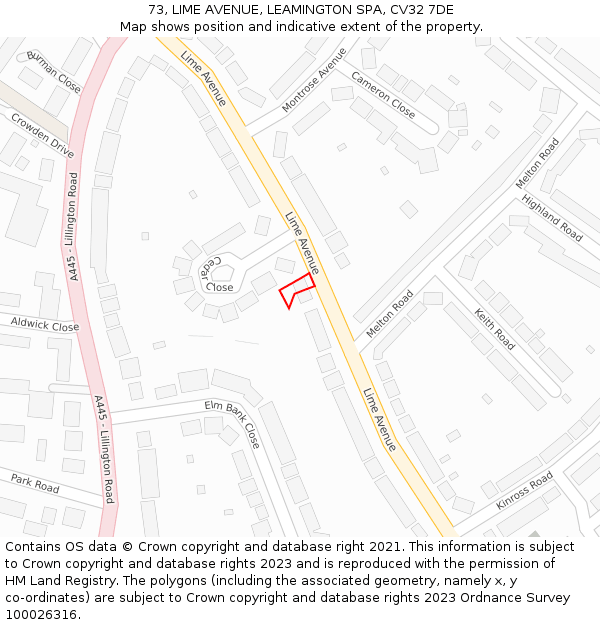 73, LIME AVENUE, LEAMINGTON SPA, CV32 7DE: Location map and indicative extent of plot