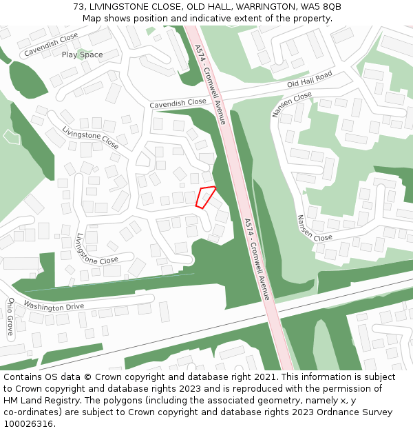 73, LIVINGSTONE CLOSE, OLD HALL, WARRINGTON, WA5 8QB: Location map and indicative extent of plot