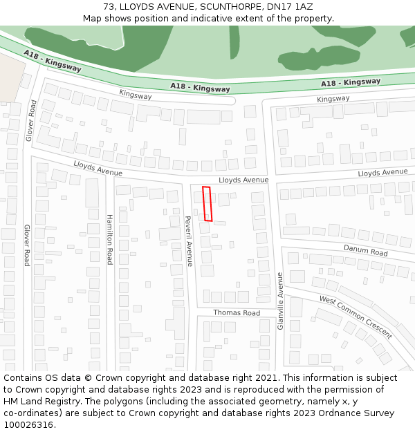 73, LLOYDS AVENUE, SCUNTHORPE, DN17 1AZ: Location map and indicative extent of plot