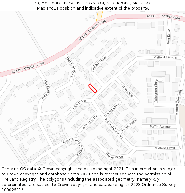 73, MALLARD CRESCENT, POYNTON, STOCKPORT, SK12 1XG: Location map and indicative extent of plot