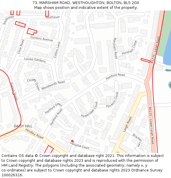 73, MARSHAM ROAD, WESTHOUGHTON, BOLTON, BL5 2GX: Location map and indicative extent of plot
