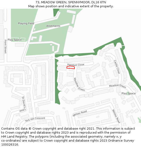 73, MEADOW GREEN, SPENNYMOOR, DL16 6TN: Location map and indicative extent of plot