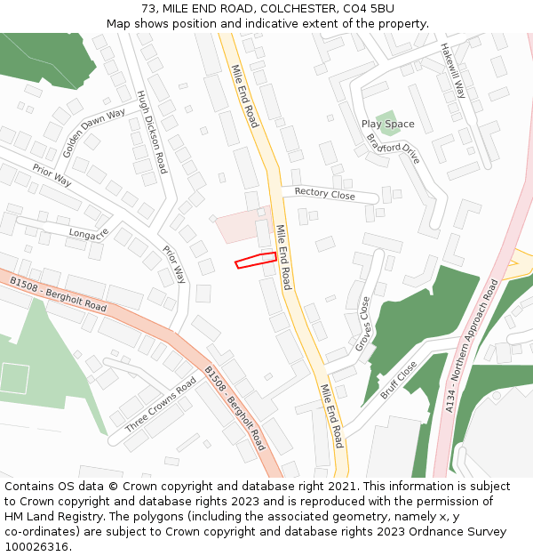 73, MILE END ROAD, COLCHESTER, CO4 5BU: Location map and indicative extent of plot