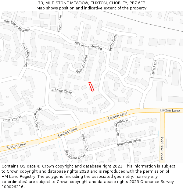 73, MILE STONE MEADOW, EUXTON, CHORLEY, PR7 6FB: Location map and indicative extent of plot