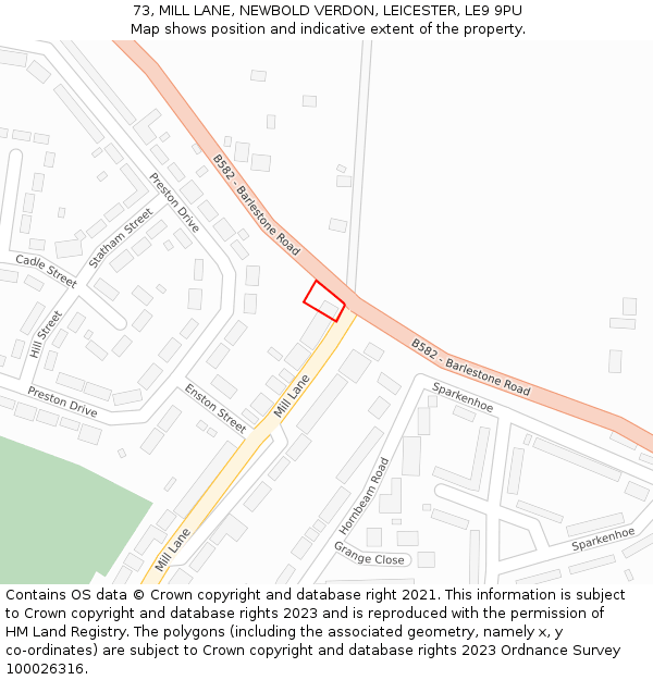 73, MILL LANE, NEWBOLD VERDON, LEICESTER, LE9 9PU: Location map and indicative extent of plot