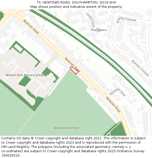 73, NEWTOWN ROAD, SOUTHAMPTON, SO19 9HX: Location map and indicative extent of plot