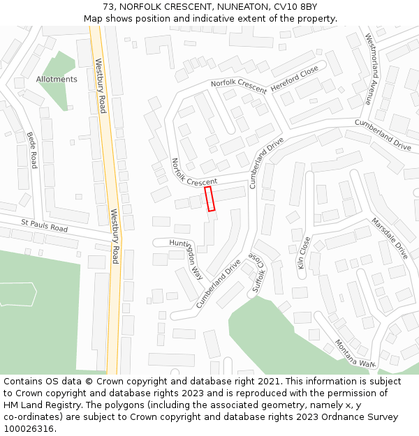 73, NORFOLK CRESCENT, NUNEATON, CV10 8BY: Location map and indicative extent of plot