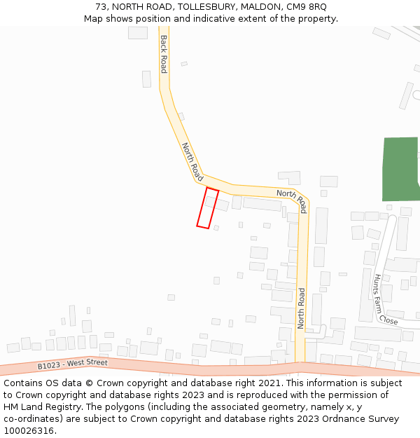 73, NORTH ROAD, TOLLESBURY, MALDON, CM9 8RQ: Location map and indicative extent of plot