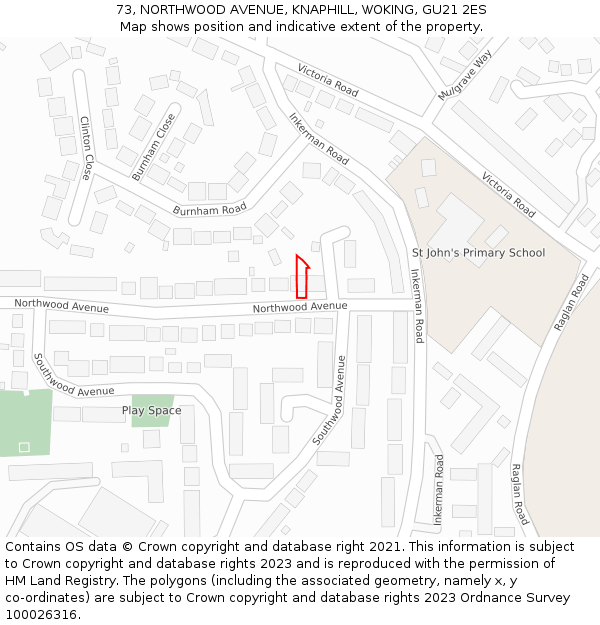 73, NORTHWOOD AVENUE, KNAPHILL, WOKING, GU21 2ES: Location map and indicative extent of plot