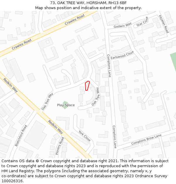 73, OAK TREE WAY, HORSHAM, RH13 6BF: Location map and indicative extent of plot