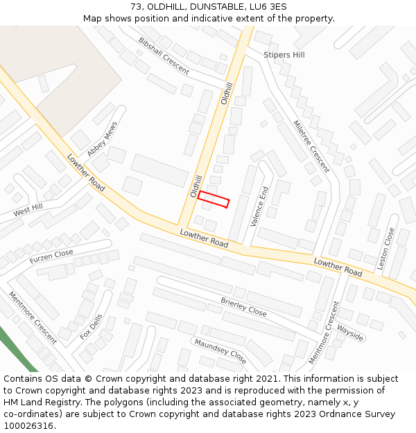 73, OLDHILL, DUNSTABLE, LU6 3ES: Location map and indicative extent of plot