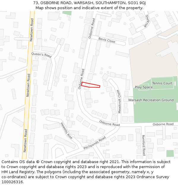 73, OSBORNE ROAD, WARSASH, SOUTHAMPTON, SO31 9GJ: Location map and indicative extent of plot