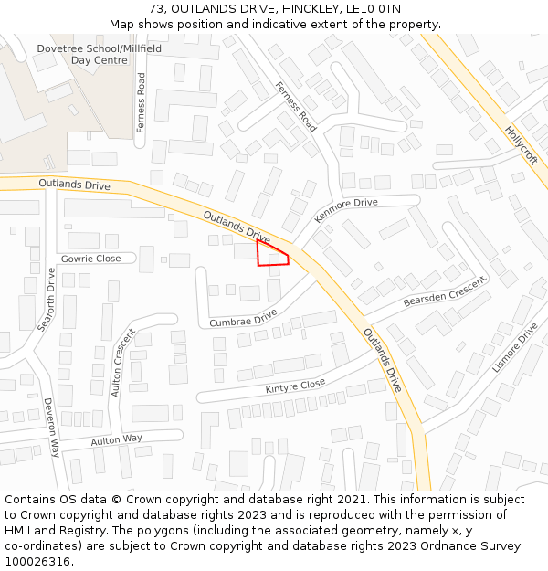 73, OUTLANDS DRIVE, HINCKLEY, LE10 0TN: Location map and indicative extent of plot