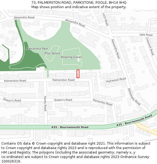 73, PALMERSTON ROAD, PARKSTONE, POOLE, BH14 9HQ: Location map and indicative extent of plot