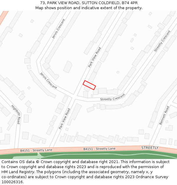 73, PARK VIEW ROAD, SUTTON COLDFIELD, B74 4PR: Location map and indicative extent of plot