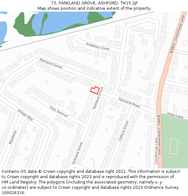 73, PARKLAND GROVE, ASHFORD, TW15 2JF: Location map and indicative extent of plot