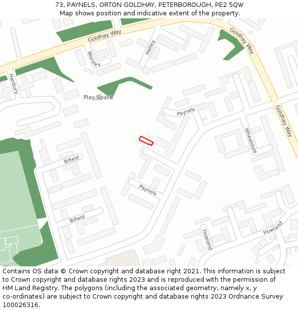 73, PAYNELS, ORTON GOLDHAY, PETERBOROUGH, PE2 5QW: Location map and indicative extent of plot