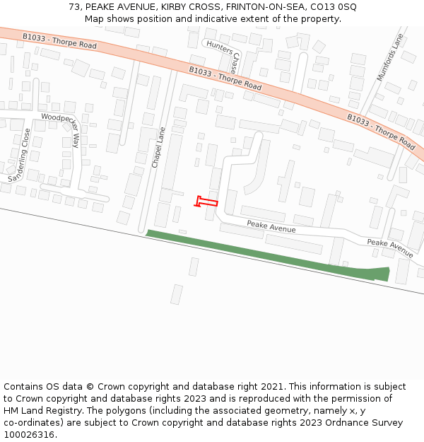 73, PEAKE AVENUE, KIRBY CROSS, FRINTON-ON-SEA, CO13 0SQ: Location map and indicative extent of plot