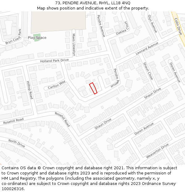 73, PENDRE AVENUE, RHYL, LL18 4NQ: Location map and indicative extent of plot