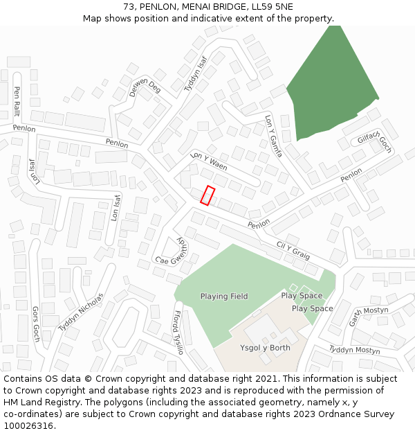 73, PENLON, MENAI BRIDGE, LL59 5NE: Location map and indicative extent of plot