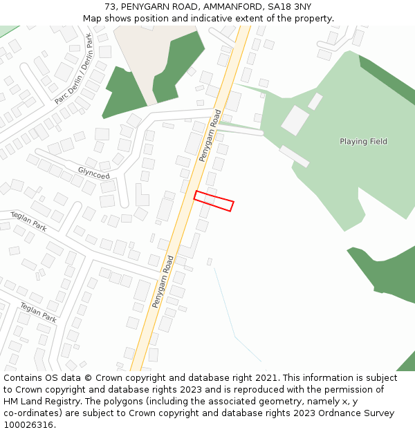 73, PENYGARN ROAD, AMMANFORD, SA18 3NY: Location map and indicative extent of plot